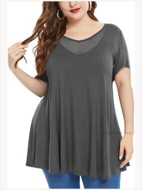Plus Size V Neck Mesh Tunic Top Short Sleeve for Leggings